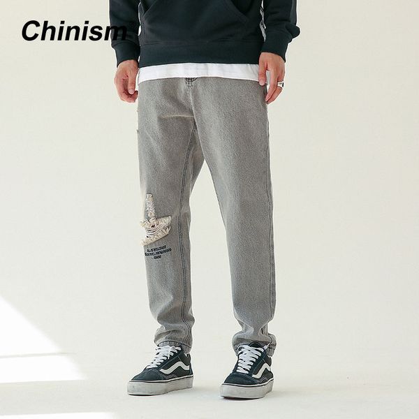 

wholesale-chinism ripped destroyed denim jeans mens 2017 distressed hole stylish letter embroidery tapered pants loose straight jeans, Blue