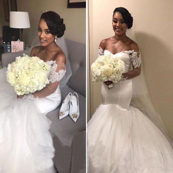

arabic dubai african lace wedding dresses mermaid applique wedding gowns off shoulder tiered tulle court train bridal dress custom made m25, White