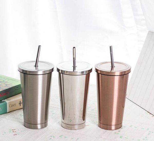 

500ml 17oz fashion portable coffee mug with lid straw double wall stainless steel vacuum flask travel tea thermos mugs