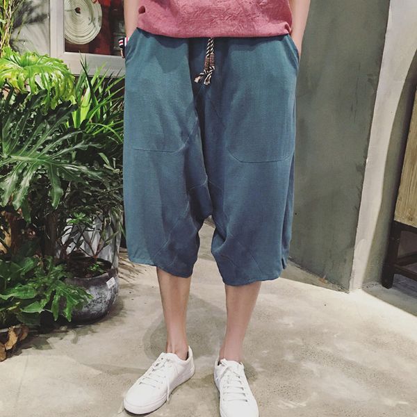 

2018 new arrivals summers linen pants men casual ankle-length harem pants solid linen men's 7 trousers 6q1784, White;black