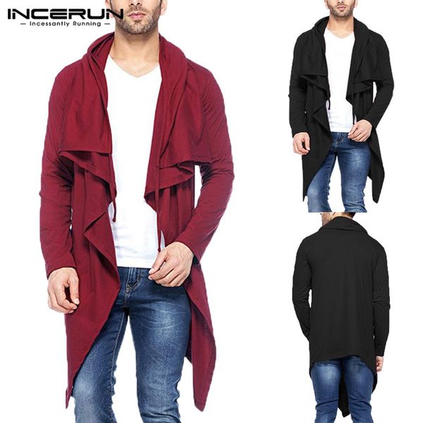 

incerun 2018 men trench coat hooded long sleeve solid loose men outerwear long cardigan streetwear irregular hem windbreaker 3xl, Tan;black