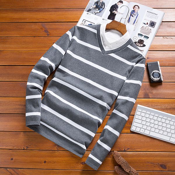 

mens v-neck pullover sweater men fashion casual striped sweater man, White;black