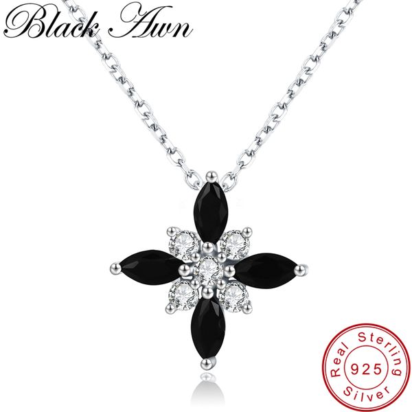 

black awn] 925 sterling silver necklace for women flower black spinel pendants necklaces silver 925 jewelry k004