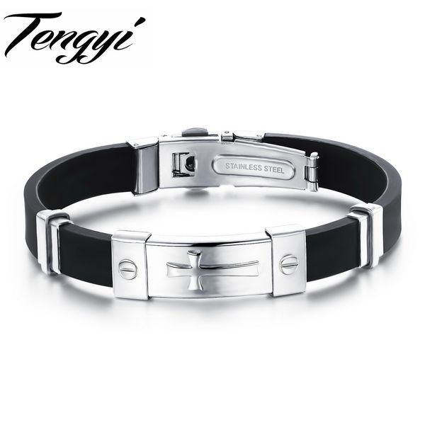 

stylish cross genuine sillicone black bracelet titanium gift men's id cross bracelets for man 20.5cm prhd929, Golden;silver