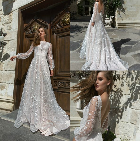 

luisa 2019 a line свадебные платья bateau с вырезом на спине кружевные свадебные платья sweep поезд с длинным рукавом robe de mariée boho пл, White