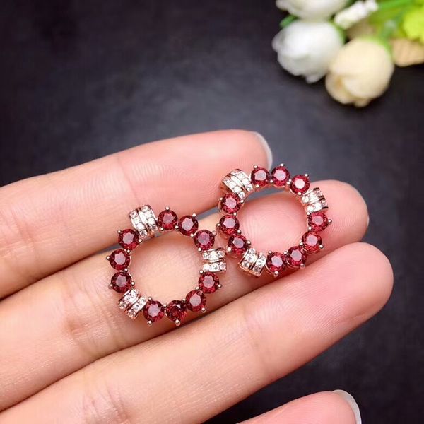 

meibapj]top quality natural garnet gemstone earrings real 925 silver stud earrings fine charm jewelry for women, Golden;silver