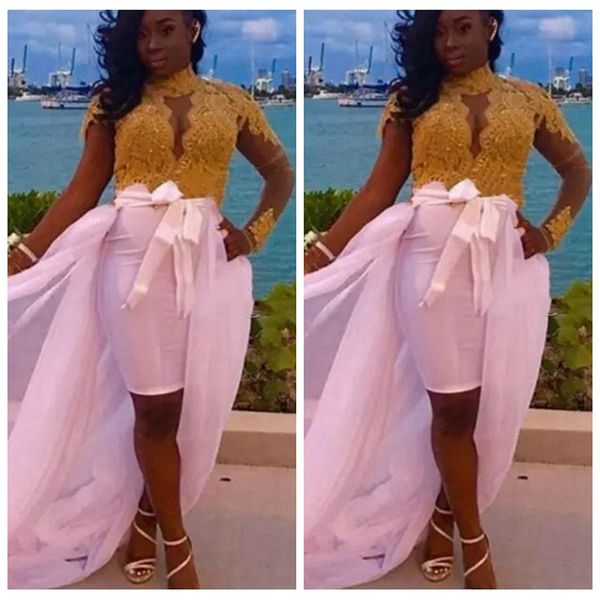 

один с длинными рукавами и высоким воротом платья для выпускного вечера золотые кружевные аппликации 2019 короткое платье для особых случаев, Black