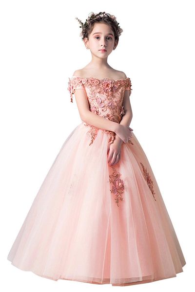 Lace Маленькие дети Младенческая платья девушки цветка Princess Бато шеи тюль 3D Цветочные девочек Pageant Короткие Формальное Wears для свадебных MC1736