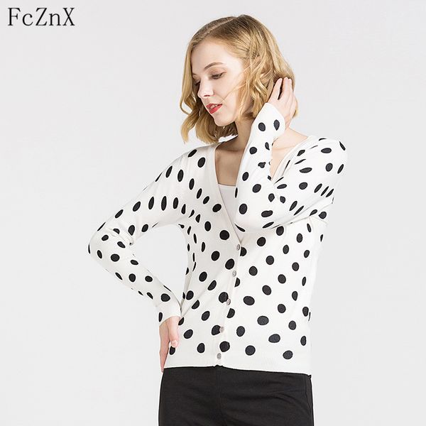 

autumn 2018 women sweater cardigans dot print long sleeve loose knitted female clothes casual ladies v-neck coat fashion, White;black