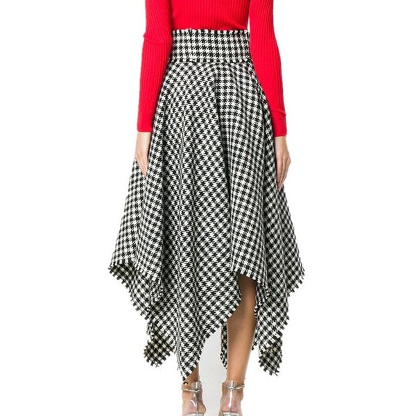 

brand designer houndstooth women woolen skirt 2018 autumn winter vintage high waist plaid irregular fringed party skirt streetwear, Black