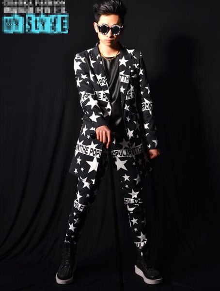 

человек хан издание новой моды личность якорь бар певица сценические костюмы танцевальная одежда пентаграмма длинный костюм куртка m-2xl, Black;red