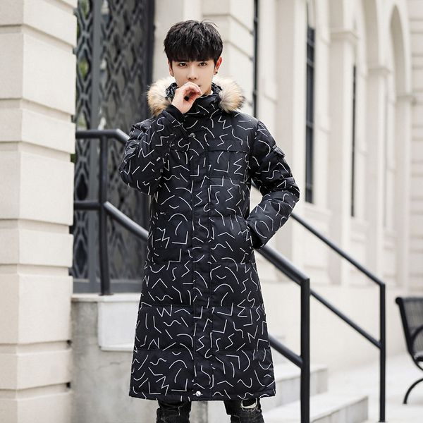 

2018 new winter mens thick warm down jacket fashion fur collar hooded outerwear male slim fit long camo coats plus size m-4xl, Black