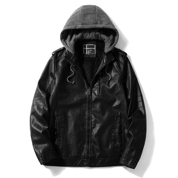 

mens hooded leather jacket fashion motorcycle pu leather coats korean slim fit jackets windbreaker waterproof casual clothing, Black