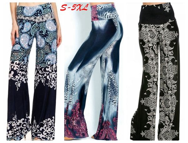 2018 Mais novo plus size mulheres moda impressão floral cintura alta perna larga palazzo pants lady flor calças compridas