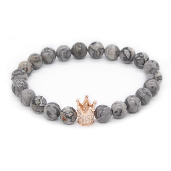 

his and hers bracelets 8mm grey map stone & howlite beads cz crown king charm bracelet for lovers distance jewelry, Golden;silver
