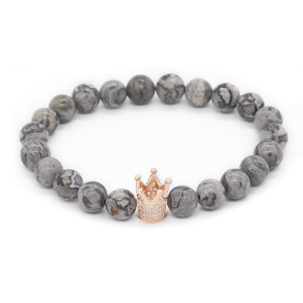 Seu E Dela Pulseiras 8mm Cinza Mapa Pedra Howlite Contas Cz Crown King Charme Pulseira Para Os Amantes de Jóias de Distância