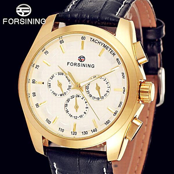 

forsining date week display gold mechanical watches genuine leather strap men auotmatic watch relogio masculino, Slivery;brown