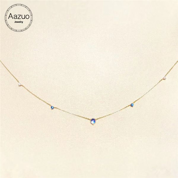 

aazuo 18k yellow gold necklace real natual moonstone blue sapphire diamond gift for women valentine's day gift link chain au750, Silver