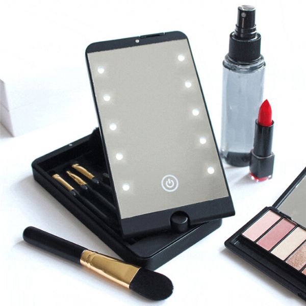 

fashion women ladies make up mirror cosmetic folding portable compact pocket with 10 led lights makeup tool nice gift