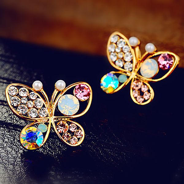 

pearl butterfly stud earrings hollow rhinestone ear stud gold crystal pearl earrings for women earring jewelry, Golden;silver