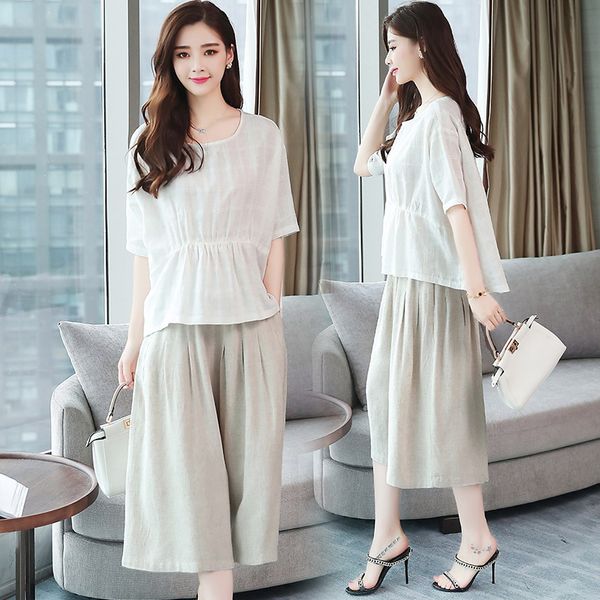 

2018 ms. new temperament fashion loose solid color short-sleeved clothes + fashion trend personality literary two-piece suit, White