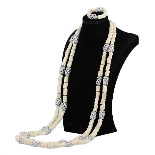 

real coral bead necklace bracelet set 54inches long white coral beads necklace set quality men wedding jewelry for men abh781, Silver