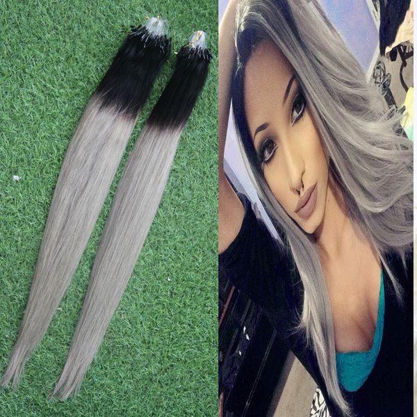 Peruvian Hair Human Extensions Loop 1b Grey Two Tone Ombre Micro