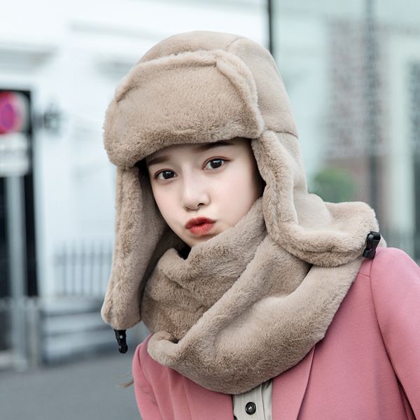 

winter women thick bomber hats with scarf two-piece solid warm earflap ear caps outdoor biker skiing cap korean sweet fashion, Blue;gray