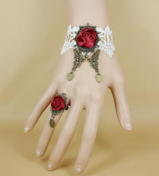 Goth borboleta vintage branco vinho do laço rosa vermelha pulseira da senhora anel da banda sen moda clássico requintado elegância