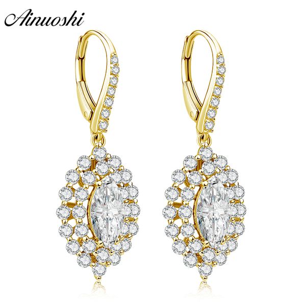 

ainuoshi 10k solid yellow gold double halo earring 7 carat marquise cut drop earring luxurious women jewelry click back, Golden;silver