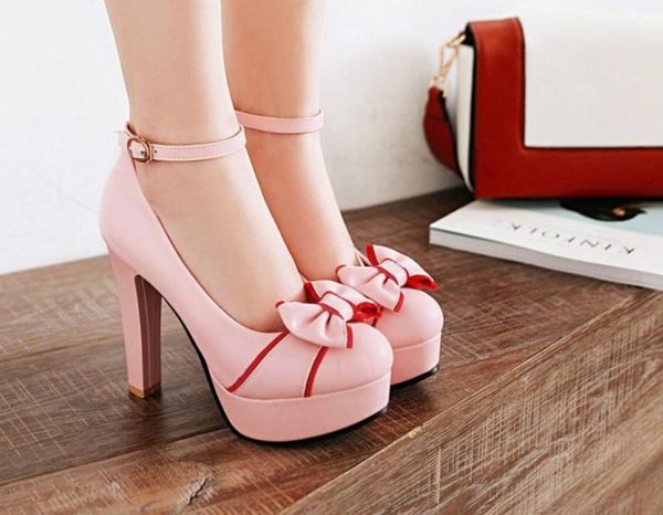 

2018 european and american high heeled shoes women's rough and waterproof table buckle spring women's shoes coloured bow tie shoes, Black