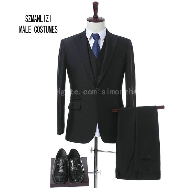 Abiti da uomo neri formali eleganti Tuxedo 2018 Custom Made Eleganti 3 pezzi Costume da uomo Homme Abiti da sposa (Giacca + Vest + Pant + Tie)