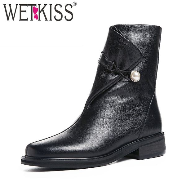 

wetkiss thick heels women ankle boots round toe footwear cow leather female boot pearl casual snow shoes woman winter 2018 new, Black