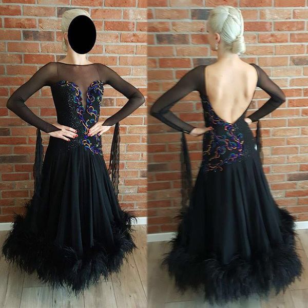 

modern waltz tango ballroom dance dress, smooth ballroom dress, standard dress ,black backless feathered dress, Black;red