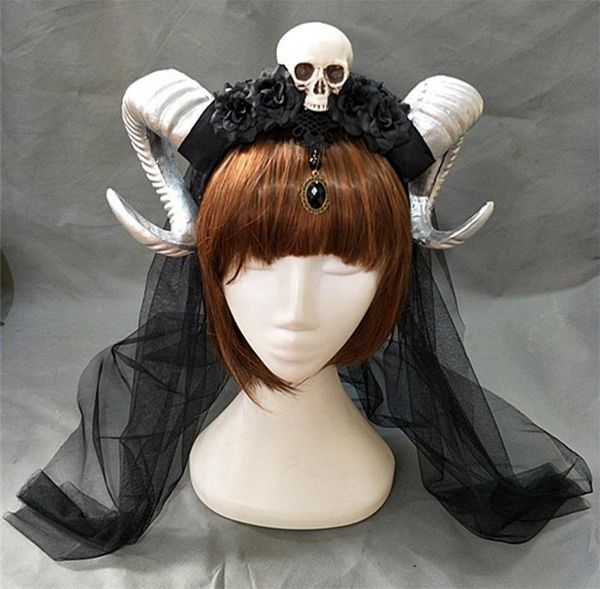 

demon evil gothic lolita the veil skull sheep horn headband hairband accessory cosplay costumes halloween headwear prop, Silver