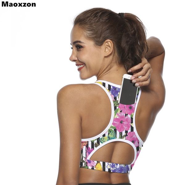 

maoxzon womens print slim workout fitness short tank vests girls summer back cellphone pocket jogger crop bras xl, White