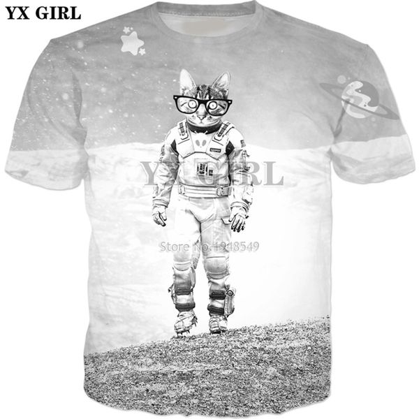 

yx girl drop shipping 2018 summer new fashion t-shirt animal spaced cat 3d print men's women's casual harajuku t shirt, White;black