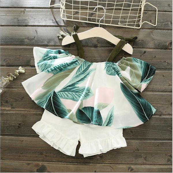 

fresh kids girls coon off shoulder blouse leaves paern shirt and shorts 2pcs clothing set baby girls summer outfit, White