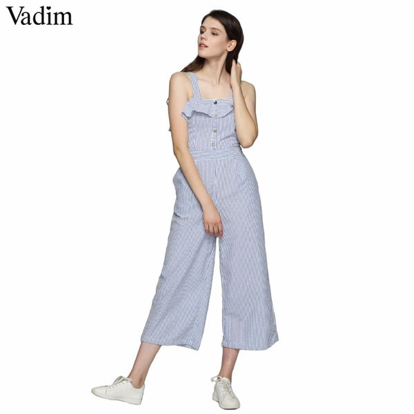 

vadim women eleruffles striped jumpsuits button straps wide leg rompers ladies summer casual outwear playsuits kz1019, Black;white