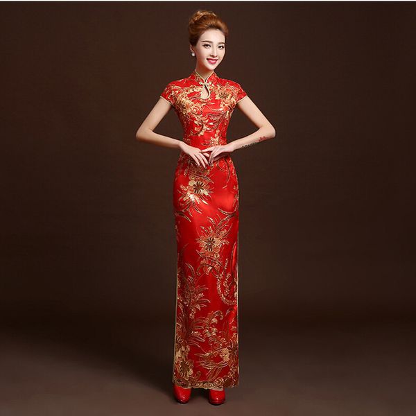 

4 color fashion red lace bride wedding qipao long cheongsam chinese traditional dress slim retro qi pao women antique dresses