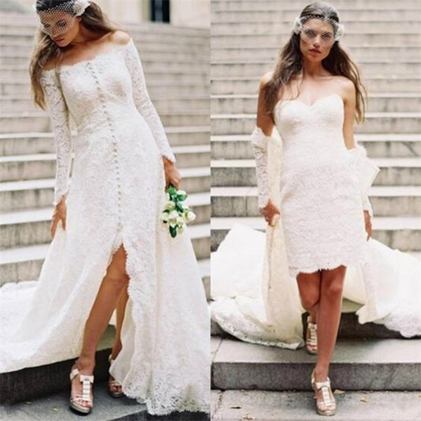 

modest 2019 two pieces wedding dresses sweetheart long sleeves full lace front split bridal gowns custom made country wedding dress, White