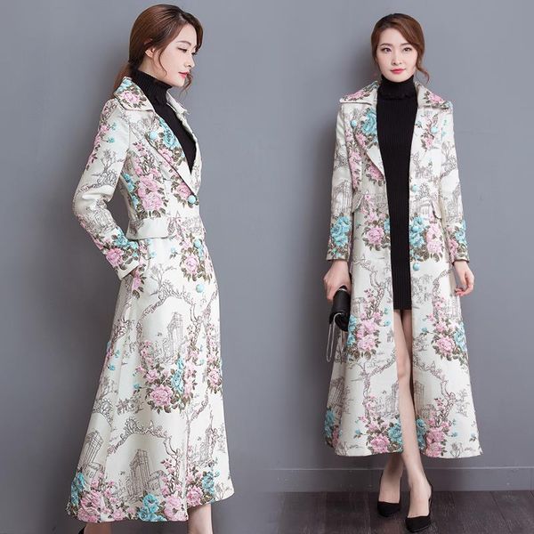 

autumn and winter trench coat women 2018 new fashion vintage print outerwear x-long elegant slim overcoat lf990, Tan;black