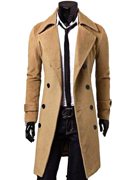 

men fashionable turn-down collar long woollen wind coat wool & blends, Black