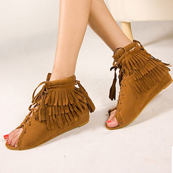 

european fringe sandals women open toe cross-tied summer shoes woman lace up tassel sandalias mujer flat heel flip flops, Black
