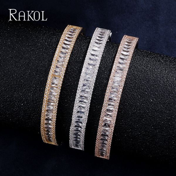 

rakol fashion rose gold color cuff zircon austrian crystal baguette friendship roya stone bangles & bracelets for women jewelry, Black