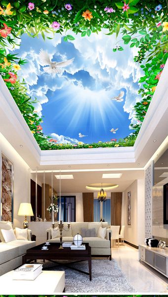 

custom retail blue sky, white clouds, vines, fragrant zenith murals through flowers, grass, beautiful sky, bright birds, flying murals