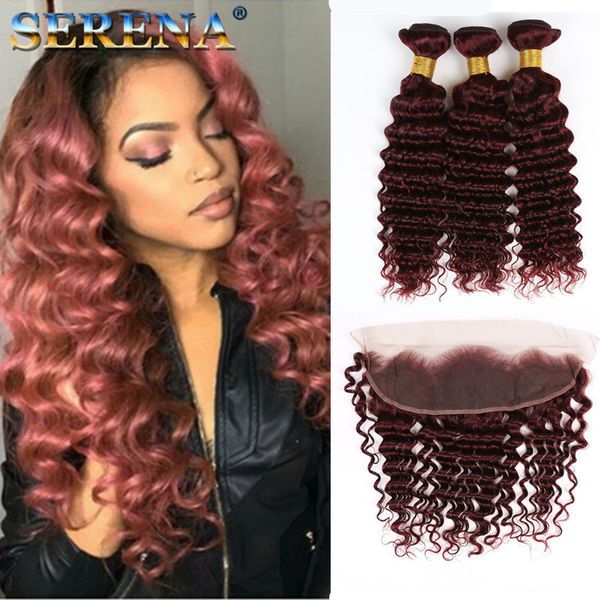 

Peruvian deep curly wave burgundy human hair 3 bundle with 13x4 frontal 99j wine red human hair exten ion double weft ear to ear frontal