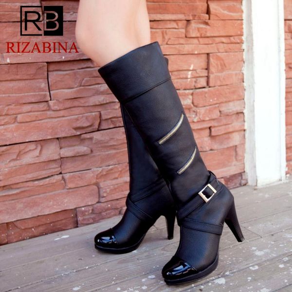 

rizabina plus size 30-48 women high heels boots mixed color winter warm metal buckle fur knee high boots fashion women footwear, Black