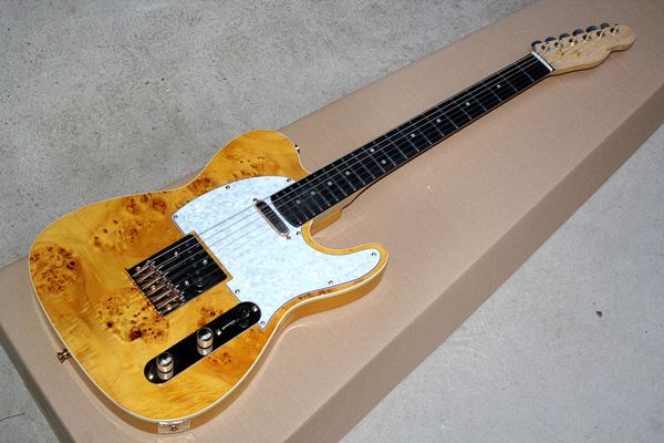 Gelbe E-Gitarre mit weißem Perlmutt-Schlagbrett, Wurzelholzfurnier, Ebenholz-Griffbrett und goldenen Beschlägen, bietet maßgeschneiderte Dienstleistungen