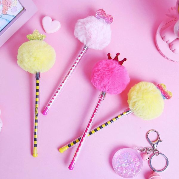 

cute kawaii pink 0.5mm black ink ball fur crown gel pen for kids promotion gift write pens school & office stationery wholesale